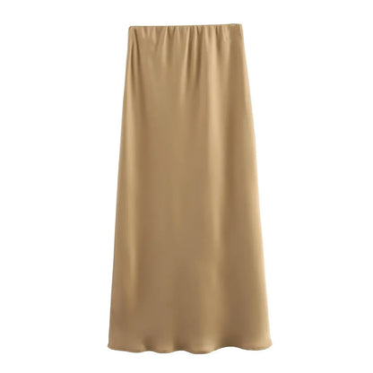 2024 Spring Summer New Women's High-Waisted Skirt European Style Silk-Satin Feeling Long Dress Solid Color Simple Design