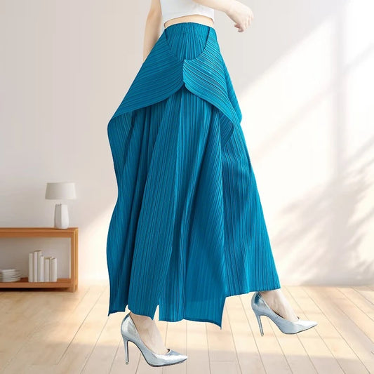 Miyake 2025 New Pleated Pants Irregular Wide-legged Pants Simple Loose Large Size with Elastic Formal Occasions Commuter Women's