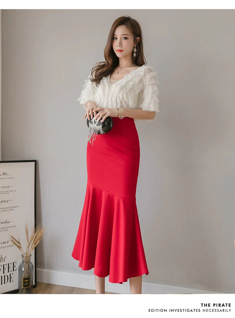 Seoulish Ruffles Solid Color Women's Skirts 2024 New Spring Summer Elegant High Waist Office Ladies Style Pencil Midi Skirts