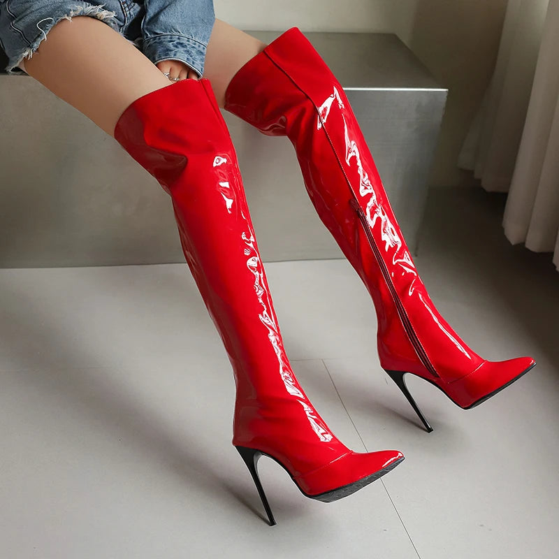 SGESVIER Women's Over the Knee High Boots Sexy Point Toe Autumn Winter Shoes Black Red Heeled Long Boot Ladies Party Shoes