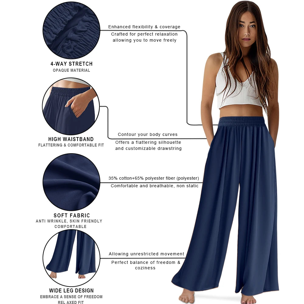 Spring Summer Women Elastic High Waisted Wide Leg Pants Female Solid Long Length Pants Casual Loose Plus Size Ladies Trousers
﻿