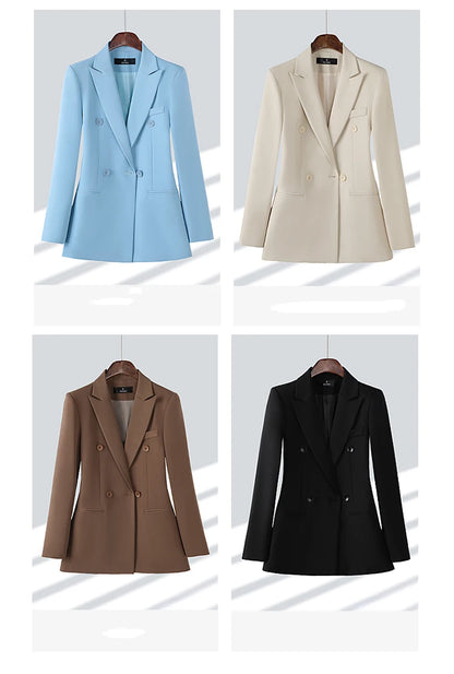 Blue Apricot Coffee Black Women Formal Blazer Ladies Female Long Sleeve Double Breasted Straight Jacket Coat