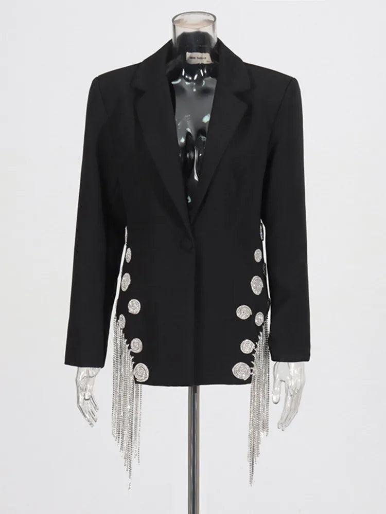 ZMEENNA White Blazer Notched Collar Single Button Patchwork Metal Tassel Jackets For Women 2025 Spring Fashion New Coats ZM628