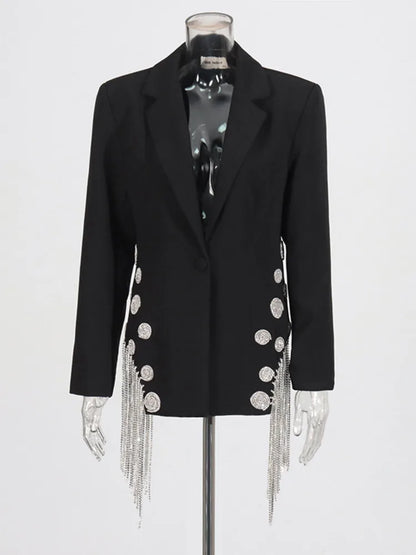 ZMEENNA White Blazer Notched Collar Single Button Patchwork Metal Tassel Jackets For Women 2025 Spring Fashion New Coats ZM628