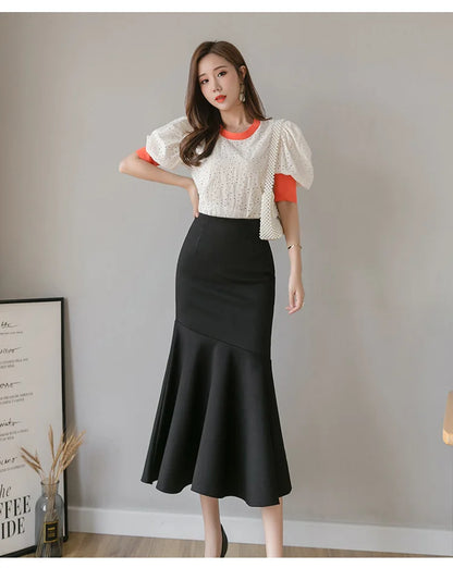 Seoulish Ruffles Solid Color Women's Skirts 2024 New Spring Summer Elegant High Waist Office Ladies Style Pencil Midi Skirts