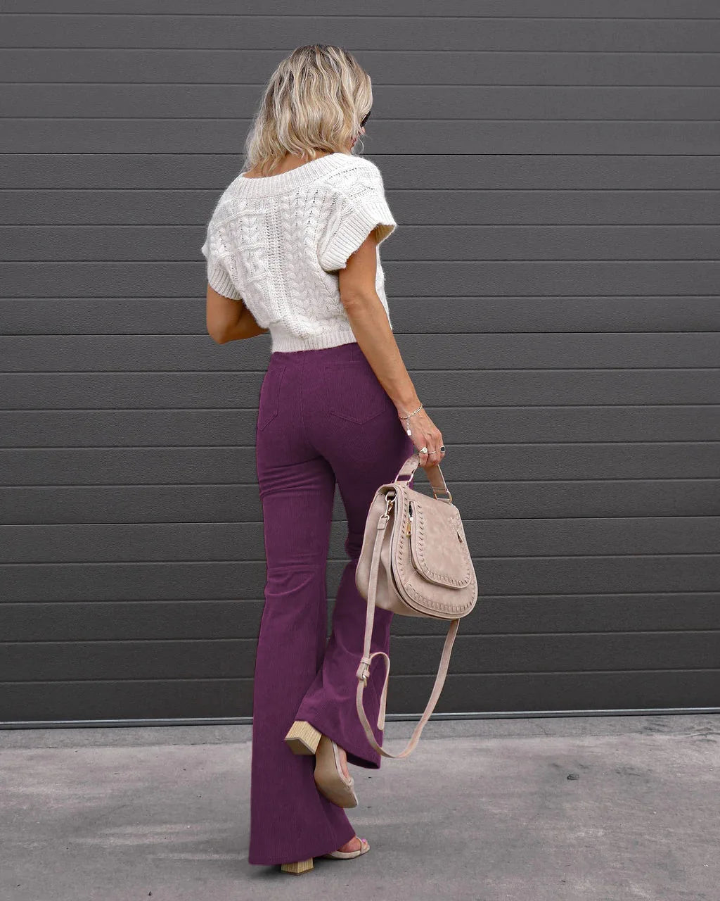 Ladies autumn new solid color corduroy temperament flared high waist casual trousers