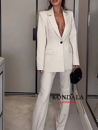 KONDALA Vintage Chic Office Lady Solid Women Suit Pockets V Neck Blazer Straight Loose Pants New Fashion 2025 Spring Autumn Sets