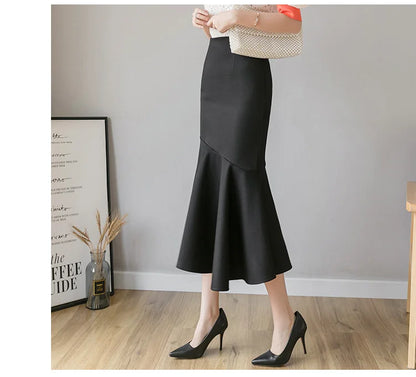 Seoulish Ruffles Solid Color Women's Skirts 2024 New Spring Summer Elegant High Waist Office Ladies Style Pencil Midi Skirts