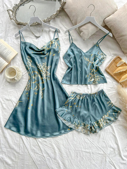 Women's Cherry Print Pajamas Sexy Fashion Halter Dress 3 Piece Women's Pajamas Set