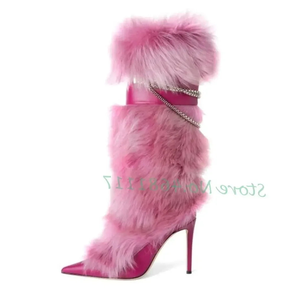 Pink Fur Pointy Knee High Boots Women Trends Luxury Fluff Metal Chain Winding High Heels Boots Winter Female Fashion Snow Boots