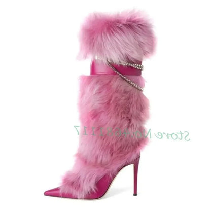 Pink Fur Pointy Knee High Boots Women Trends Luxury Fluff Metal Chain Winding High Heels Boots Winter Female Fashion Snow Boots