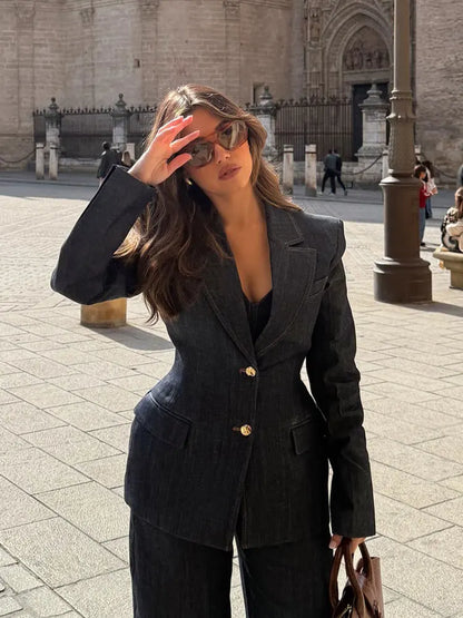 HH Female Spring Vintage Denim Blazer Long Sleeves Turn Down Collar Single Breasted Fake Pockets Street Fashion Coats