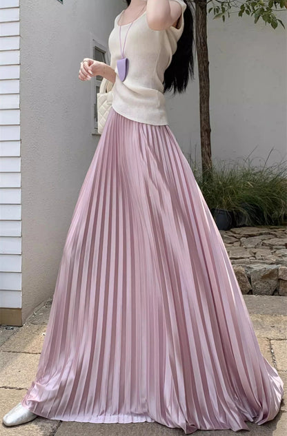 98cm Basics Maxi Pleated Skirt for Women New Korean Casual All-match Solid A Line High Waist Long Maxi Skirt Female