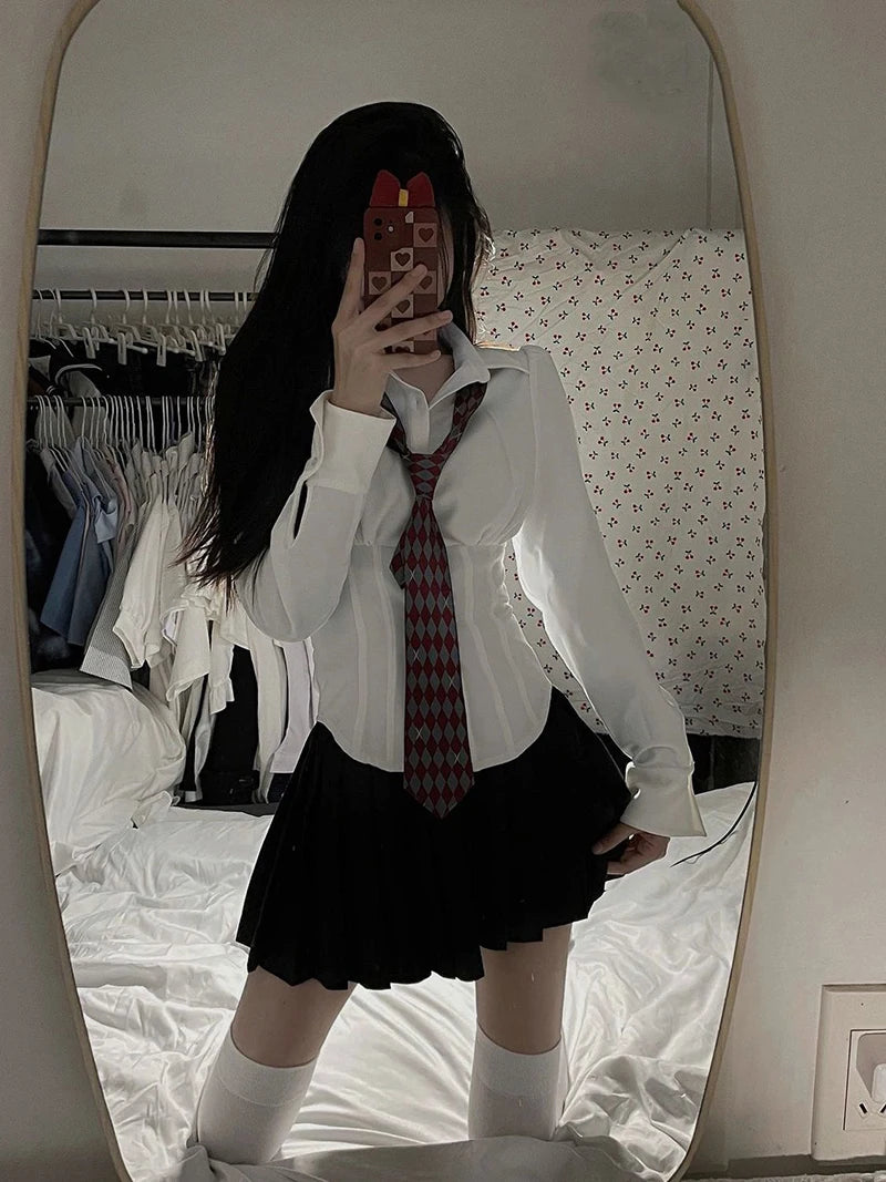 Y2K White Shirts Women Streetwear Tunic Long Sleeve Crop Tops Students Jk Preppy Korean Fashion Basic Slim All Match Blouses New