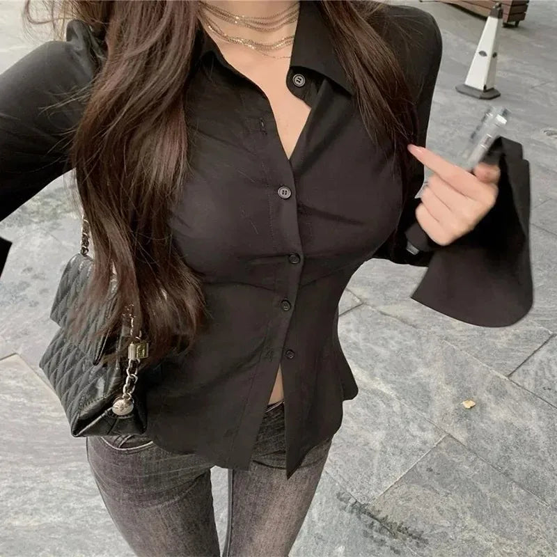 Sexy Slim Flared Sleeve Women's Shirt Solid Lapel Single-breasted Back Bandage Tunic Female Blouses Spring Trend New Lady