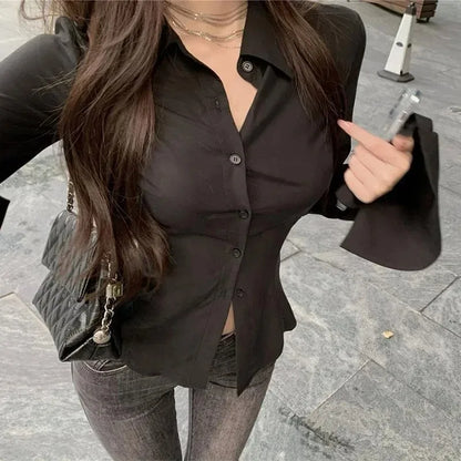 Sexy Slim Flared Sleeve Women's Shirt Solid Lapel Single-breasted Back Bandage Tunic Female Blouses Spring Trend New Lady
