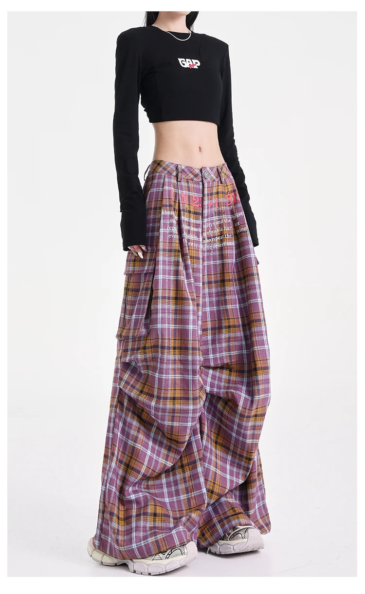 Summer Women Harajuku Fashion Plaid Pants Vintage Y2k Japanese Streetwear 2000s Baggy Pantalones Loose Casual Long Trousers Kpop