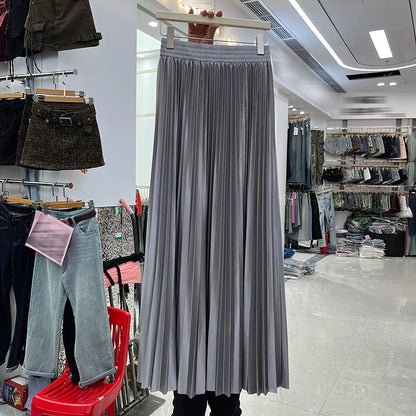 98cm Basics Maxi Pleated Skirt for Women New Korean Casual All-match Solid A Line High Waist Long Maxi Skirt Female