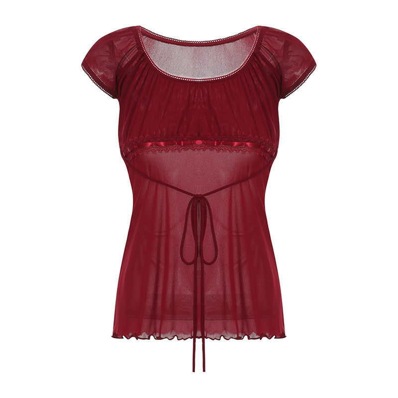 Women Summer Y2K Aesthetic Tops Lace Trim Cap Sleeve Low Cut Shirts Vintage Casual Sexy Tops and Blouses Female