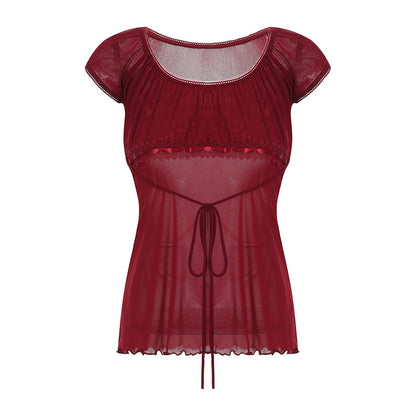 Women Summer Y2K Aesthetic Tops Lace Trim Cap Sleeve Low Cut Shirts Vintage Casual Sexy Tops and Blouses Female