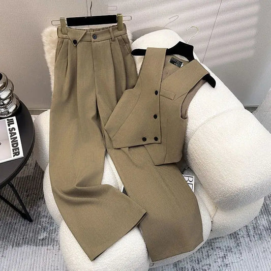 Simple Sleeveless Suit Vest Casual Wide Leg Pants Two-piece Set for Women 2025 New Elegant Suit Set