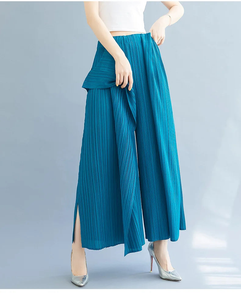 Miyake 2025 New Pleated Pants Irregular Wide-legged Pants Simple Loose Large Size with Elastic Formal Occasions Commuter Women's