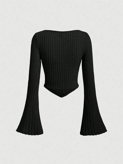 Elegant Y2K Flare Sleeve Sweetheart Neck Rib-knit Crop Top Spring Fall 2024 Casual Drawstring Long Sleeve T Shirt Blouse