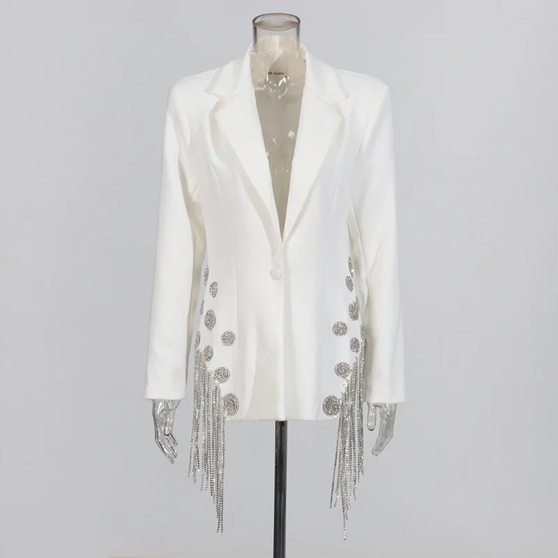 ZMEENNA White Blazer Notched Collar Single Button Patchwork Metal Tassel Jackets For Women 2025 Spring Fashion New Coats ZM628