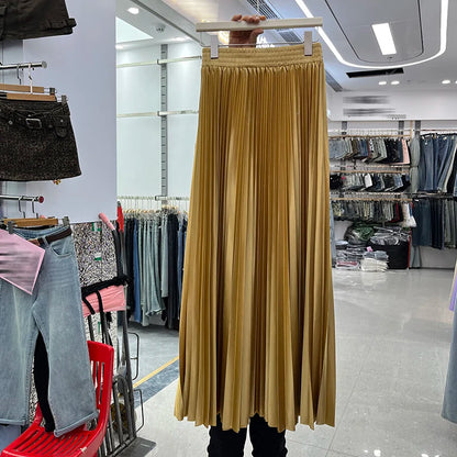 98cm Basics Maxi Pleated Skirt for Women New Korean Casual All-match Solid A Line High Waist Long Maxi Skirt Female