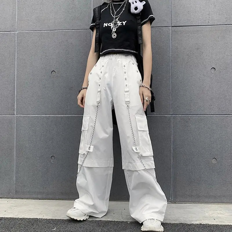 Women Trendy Vintage Casual Streetwear Pocket Cargo Pants Y2K Female High Waist White Hip Hop Loose Trousers Straight Pantalones
