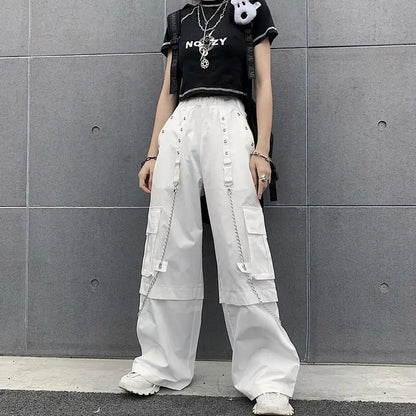 Women Trendy Vintage Casual Streetwear Pocket Cargo Pants Y2K Female High Waist White Hip Hop Loose Trousers Straight Pantalones
