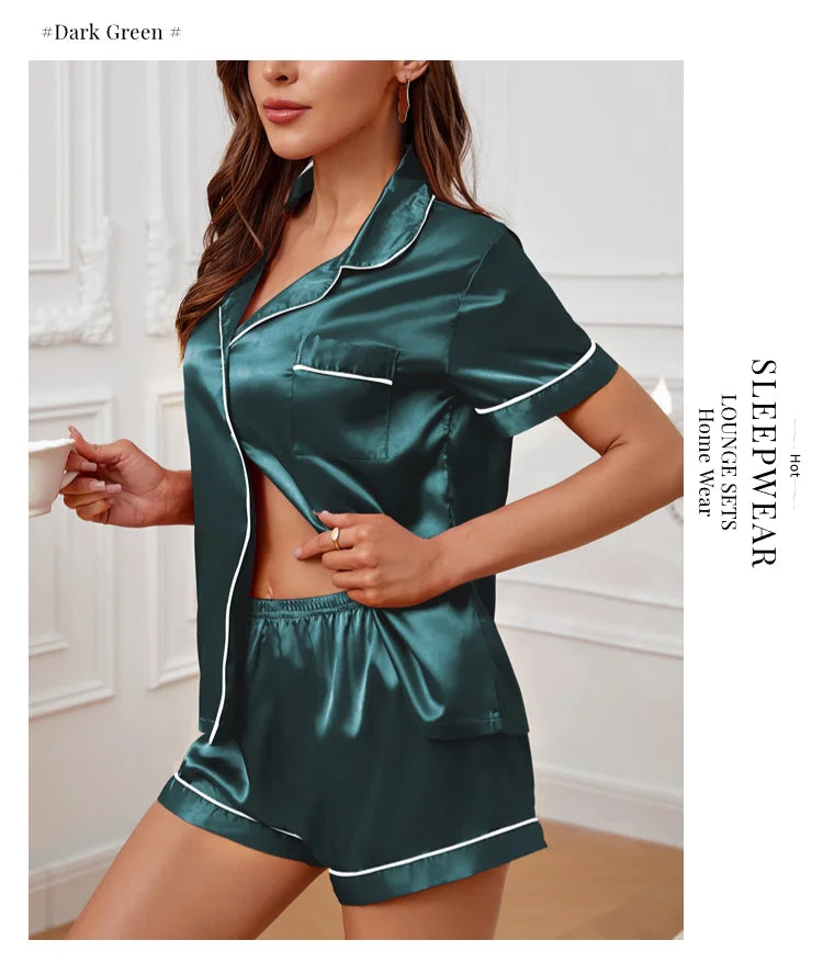 Women's Lapel Neck Sleepshirt Sleepwear Summer Satin Pajamas Set Casual Short Sleeve Buttons Top And Elastic Shorts Lounge Set