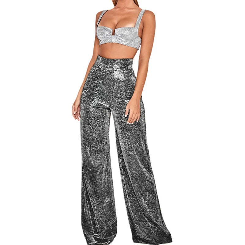 Metallic Sparkly Wide Leg Pants Women Elastic High Waist Glitter Sequin Palazzo Pants Casual Loose Party Clubwear Long Trousers