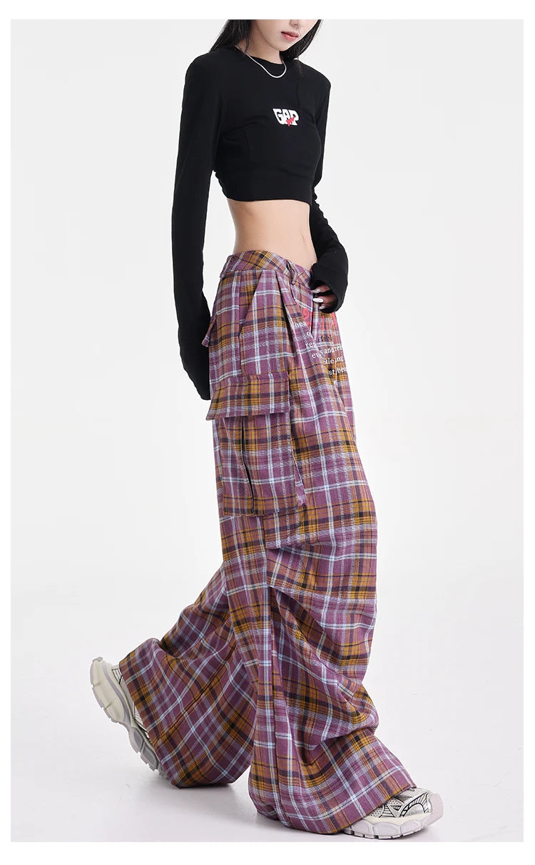 Summer Women Harajuku Fashion Plaid Pants Vintage Y2k Japanese Streetwear 2000s Baggy Pantalones Loose Casual Long Trousers Kpop