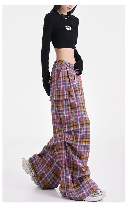 Summer Women Harajuku Fashion Plaid Pants Vintage Y2k Japanese Streetwear 2000s Baggy Pantalones Loose Casual Long Trousers Kpop