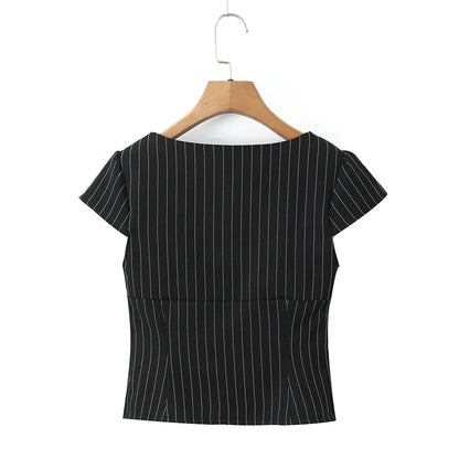 2025 Sexy Striped Square Collar Short Puff Sleeve Shirt Women Front Ruched Chest Double Zip up Front Slim Waist Crop Tops