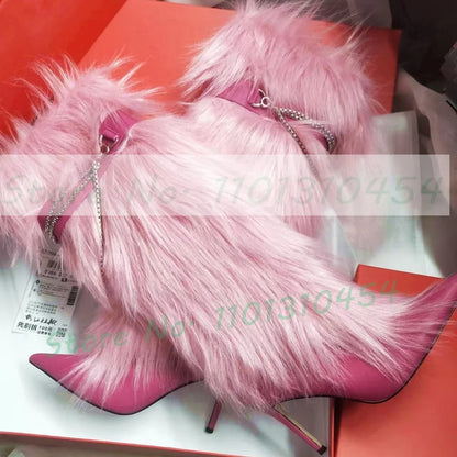 Pink Fur Pointy Knee High Boots Women Trends Luxury Fluff Metal Chain Winding High Heels Boots Winter Female Fashion Snow Boots