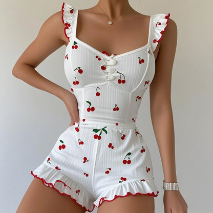 Women's Pajamas Set Cute Heart Print Soft Button Cardigan Long-sleeved Shorts Stretchy Comfortable Sleepwear Homewear