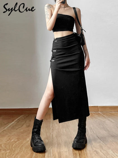 Nibber Black Sexy Split Simple Casual All-Match Hot Street Outing Cool Mature Vitality Personality Trend Basic Women'S Skirt