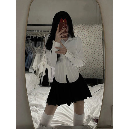 Y2K White Shirts Women Streetwear Tunic Long Sleeve Crop Tops Students Jk Preppy Korean Fashion Basic Slim All Match Blouses New