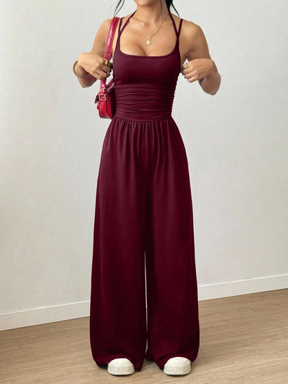 Women's Casual Solid Color Pleating Loose Straight Jumpsuit A-line Backless Halter Neck Slim Cami Jumpsuit Streetwear 2025