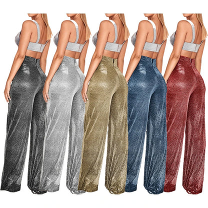Metallic Sparkly Wide Leg Pants Women Elastic High Waist Glitter Sequin Palazzo Pants Casual Loose Party Clubwear Long Trousers