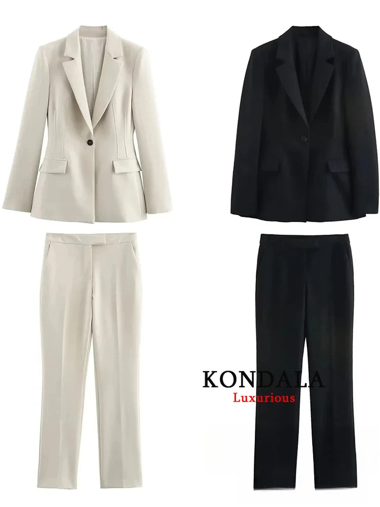 KONDALA Vintage Chic Office Lady Solid Women Suit Pockets V Neck Blazer Straight Loose Pants New Fashion 2025 Spring Autumn Sets