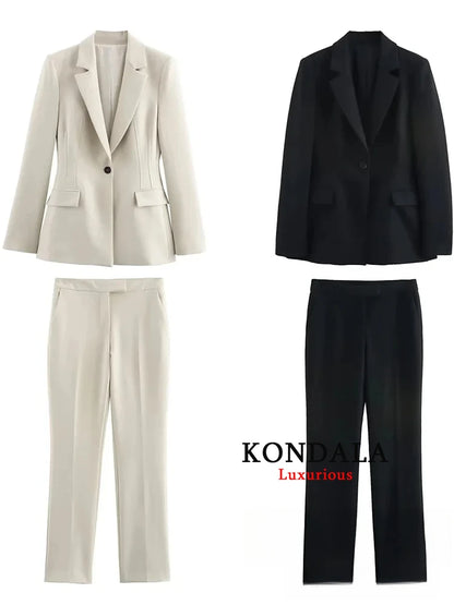 KONDALA Vintage Chic Office Lady Solid Women Suit Pockets V Neck Blazer Straight Loose Pants New Fashion 2025 Spring Autumn Sets