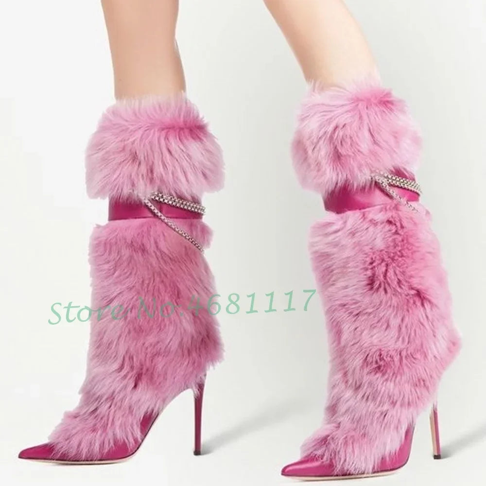 Pink Fur Pointy Knee High Boots Women Trends Luxury Fluff Metal Chain Winding High Heels Boots Winter Female Fashion Snow Boots