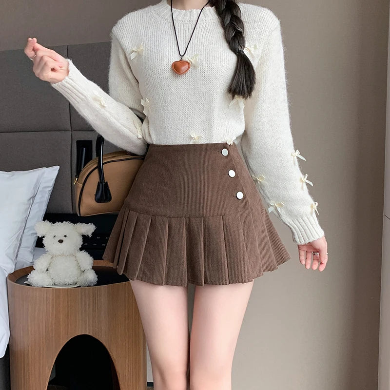 Autumn Winter Vintage Women Pleated Skirt With Button 2024 High Waisted Y2k Casual Cute School Short Skirts Female