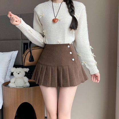 Autumn Winter Vintage Women Pleated Skirt With Button 2024 High Waisted Y2k Casual Cute School Short Skirts Female
