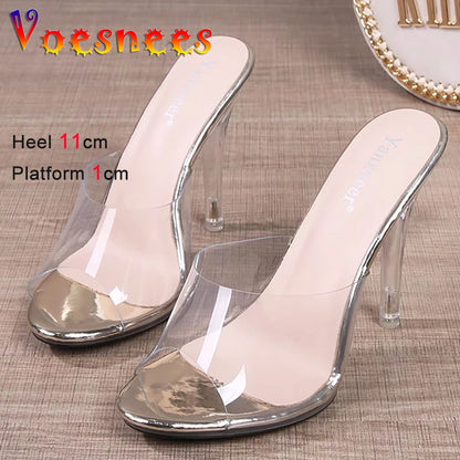 11CM Modern Slippers For Women 2024 Summer New Transparent Sandals Sexy Thin High Heels CRYSTAL Woman Shoes Outside Size 43 Gold
