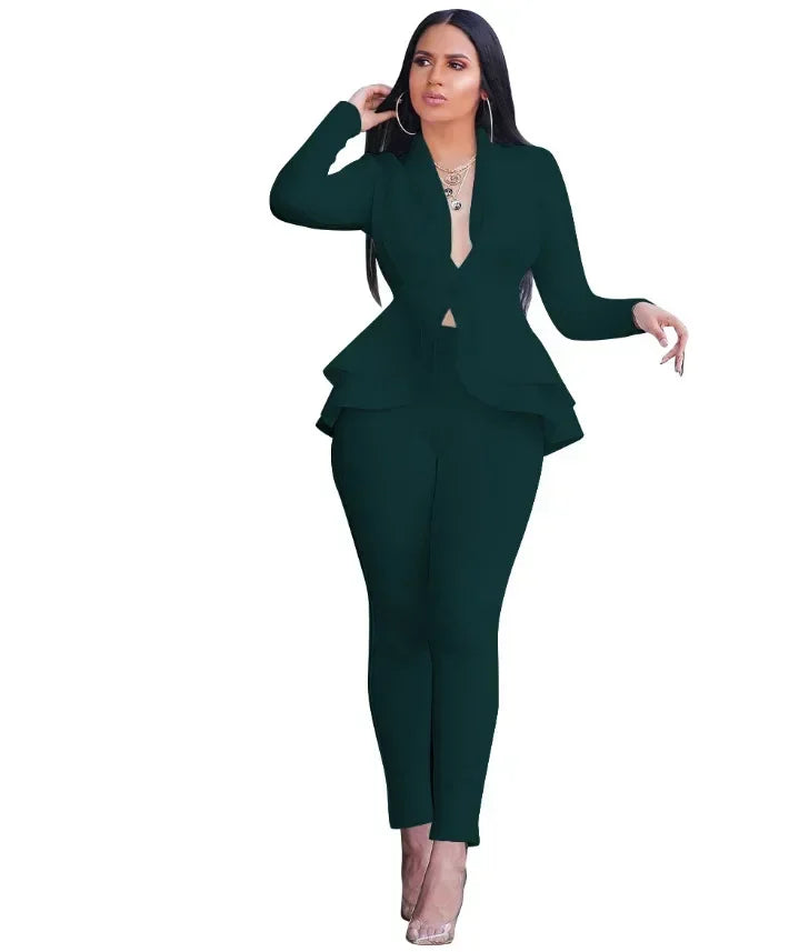 2025 Women's Formal Set 2PCS Tracksuit Full Sleeve Ruffles Blazers Pencil Pants Suit Two Piece Set Office Lady Outfits Uniform