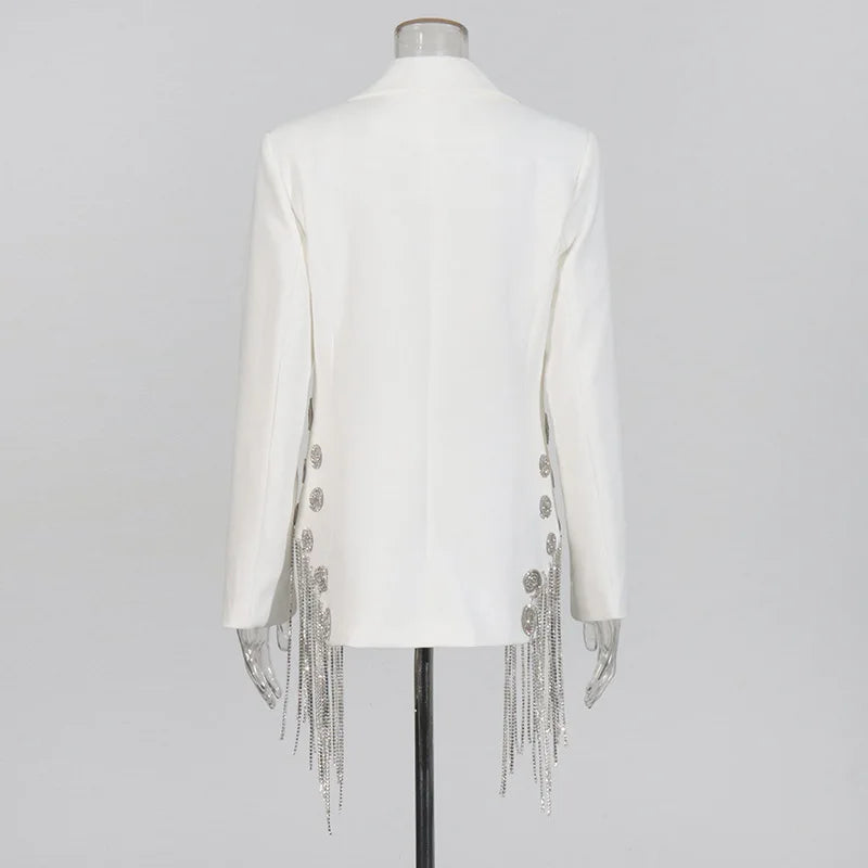 ZMEENNA White Blazer Notched Collar Single Button Patchwork Metal Tassel Jackets For Women 2025 Spring Fashion New Coats ZM628